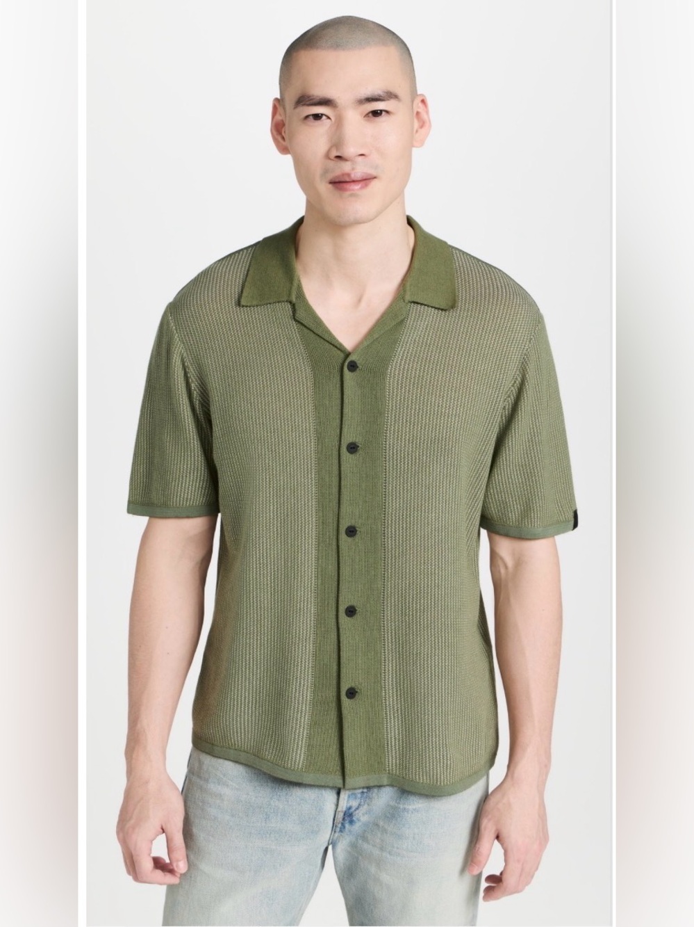 Common People Men’s Textured Knit Short Sleeve Button Front Shirt Olive Green S